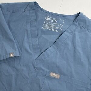 Figs Scrub Women's Medium Light Blue V Neck Short Sleeve Pocket Logo Stretch